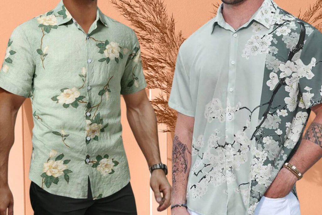 Deux hommes en chemisettes combinants motifs et couleuses dans un style super chic.