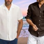 Des hommes à la plage en chemises en lin mélangées.