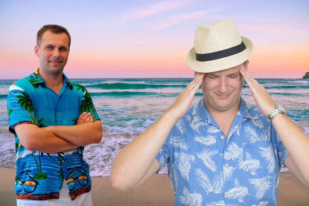 Deux vacanciers en chemises hawaïennes font percevoir les secrets de style d'Antoine.